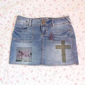 y2k custom denim mini skirt leopard cross graphic low rise